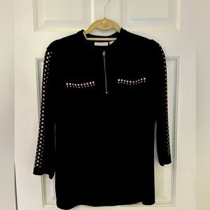 Susan Graver size S black pullover with half zipper and brass studs